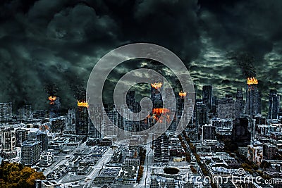 Cinematic Portrayal of Destroyed City With Copy Space Stock Photo