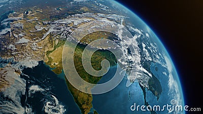 Cinematic realistic planet Earth rotation of Asia India part from space. Sun reflection in the ocean Stock Photo
