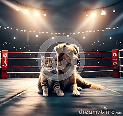 Cinematic Showdown: Dog and Cat Face Off in a Boxing Ring Stock Photo