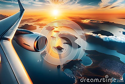 Cinematic view of a plane passing by remote islands Stock Photo