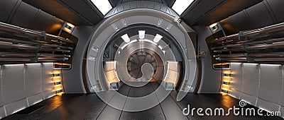 Cinematic widescreen 3D rendering of science fiction space ship or station corridor with round doorway Cartoon Illustration