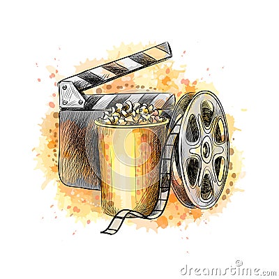 Cinematograph concept banner design template with popcorn, film reel, film tape Vector Illustration