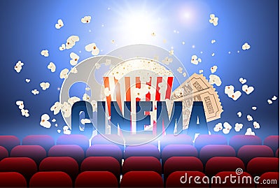 Cinematograph concept banner for the film industry. Popcorn, drink, theater seats and tickets on a background with Vector Illustration