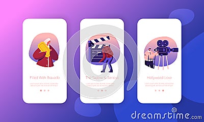 Cinematograph Industry Mobile App Page Onboard Screen Set. Operator with Camera, Staff with Clapperboard Recording Film Vector Illustration