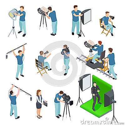 Cinematograph isometric set. People work camera light crew movie video film motion production tv studio green screen 3d Vector Illustration