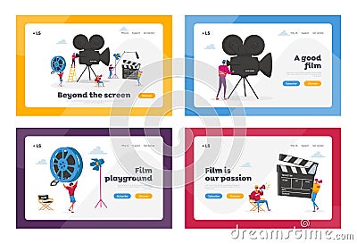 Cinematography Industry Landing Page Template Set. Tiny People Characters Making Movie. Operator Using Camera Vector Illustration