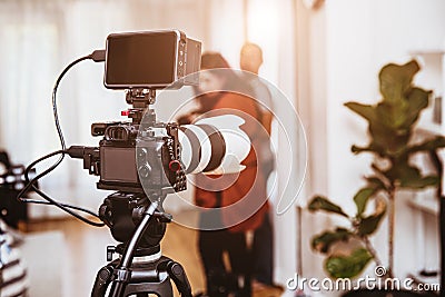 Cinematography Mirrorless Digital Camera equipments setup for record video footage production in studio Stock Photo