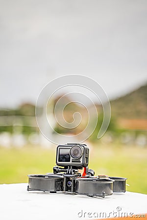 Cinewhoop drone or micro quad fpv with ducts and action camera ready to fly Stock Photo