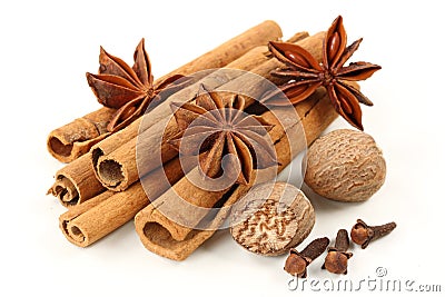 Cinnamon, anise, nutmeg, and cloves Stock Photo