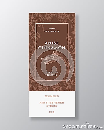 Cinnamon and Anise Spice Home Fragrance Abstract Vector Label Template. Hand Drawn Flowers Background and Retro Vector Illustration
