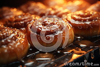 cinnamon buns on a baking sheet with caramel drippings Stock Photo