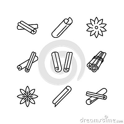 Cinnamon flat line icons set. Symbol of spice - Cinnamon sticks. Simple flat vector illustration for web site or mobile Vector Illustration