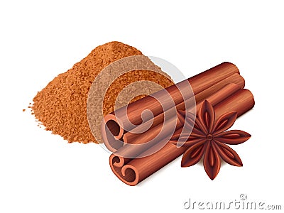 Cinnamon food. Spice sticks and leaf cooking collection aromatic cinnamon vector realistic Vector Illustration