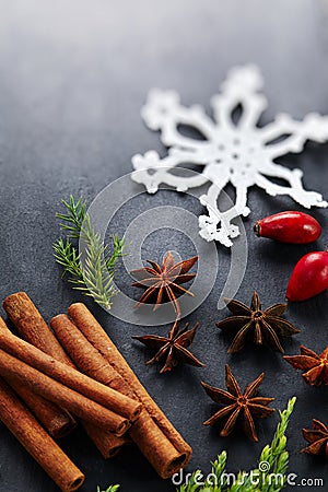 Cinnamon,hips, crochet snowflake,fir on dark vintage backgroun Stock Photo