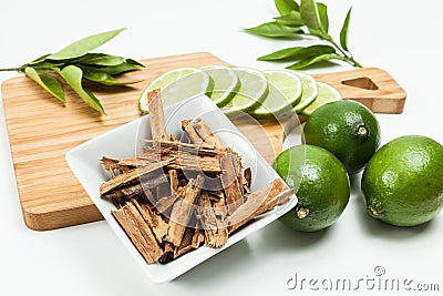 Cinnamon and lemon photo on neutral background Stock Photo