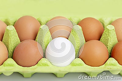 Cinnamon and one white chicken egg in an eco-green green paper container. Healthy diet food. Close-up. White background Stock Photo