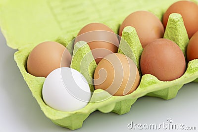Cinnamon and one white chicken egg in an eco-green green paper container. Healthy diet food. Close-up. White background Stock Photo