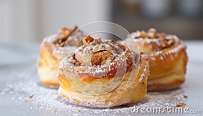 Cinnamon roll buns with nuts. AI generated. Stock Photo