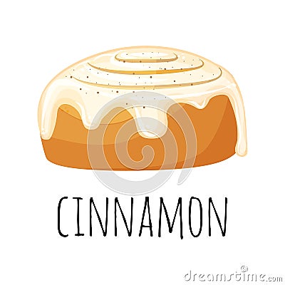Cinnamon roll with sugar icing set in cartoon style Traditional Swedish sweet. Vector Illustration