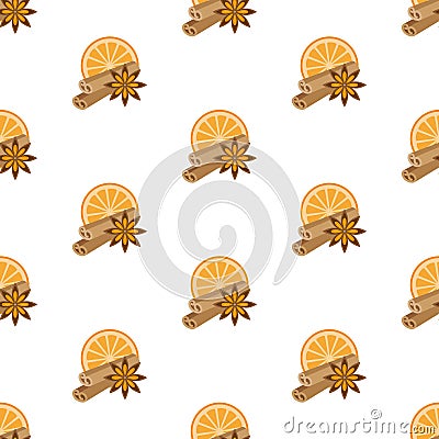 Cinnamon, star anise, orange pattern. Seamless pattern. Cartoon Illustration