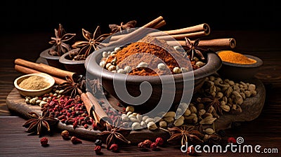 cinnamon, star anise and cardamom pods Stock Photo