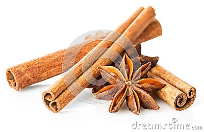 Cinnamon stick and star anise spice close-up isolated on white background. Stock Photo