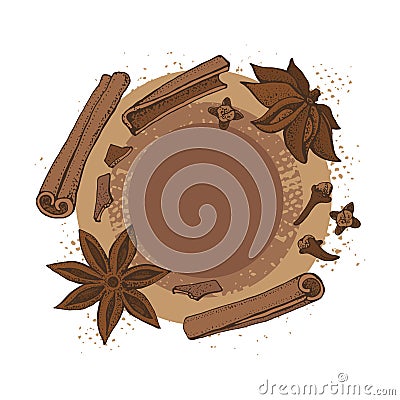 Cinnamon sticks, anise star and cloves. Vector drawing of aromatic spices set. Seasonal food illustration on brown Vector Illustration