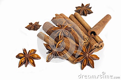 Cinnamon sticks and anise star isolated on white background close up. Stock Photo