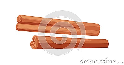 Cinnamon sticks, bark. Brown spice. Rolled cinamons. Spicy seasoning, condiment. Aromatic canella for cooking, baking Vector Illustration