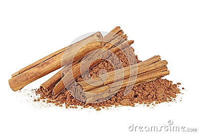 Cinnamon sticks and powder, white background. Ceylon cinnamon Stock Photo