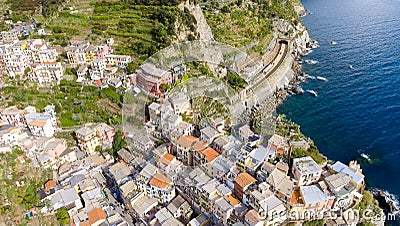Cinque Terre Overhead view, Italy - Five Lands from the sky, Liguria Stock Photo