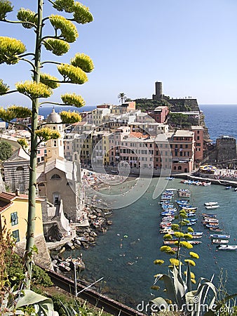 Cinque Terre, Vernazza, cityscape and Ligurian Sea Stock Photo