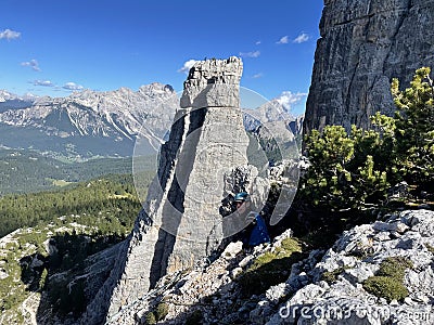 cinque torri dolomites tyrol italy climbing mountaineering hiking summer Stock Photo