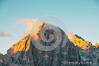 Cinque Torri mountains the background Tofane mountain near the famous town of Cortina d`Ampezzo, Dolomites Mountains Stock Photo