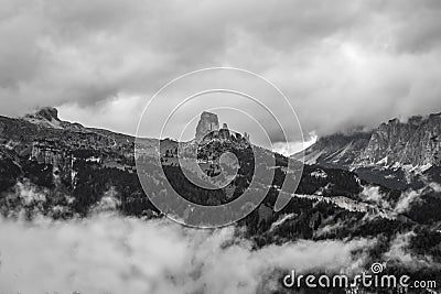 Cinque Torri viewed from Croda da Lago on a cloudy day. Cortina Stock Photo