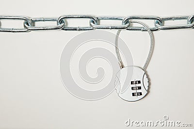 Cipher padlock on chain on white background. Security concept. Stock Photo