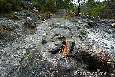 Chimera, burning rocks are remarkable spot ot the trail of Lycian way near Cirali, Antaly Stock Photo