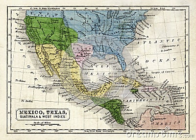 Circa 1845 Boynton Map of the Republic of Texas, Mexico, Guatemala, West Indies, Upper California and the United States. Stock Photo