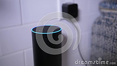 Man Plugs In Amazon Alexa Unit in Kitchen stock video footage Man Plugs In Amazon Alexa Unit in Kitchen stock video footage