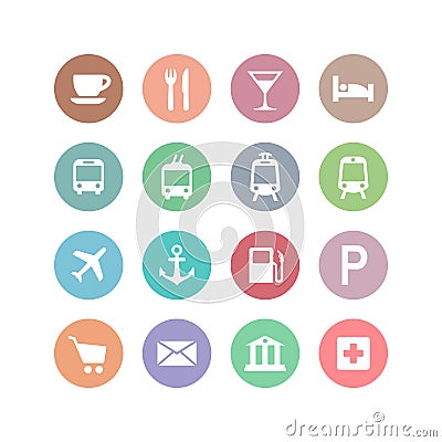 Circe location stamp set with cafe, restaurant, hotel, bus, train station Vector Illustration