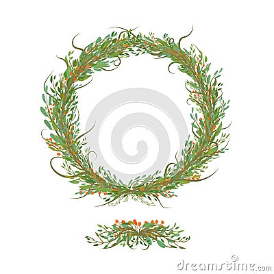 Hand wrtitten circle of flowers and leafs with bracnhes Vector Illustration