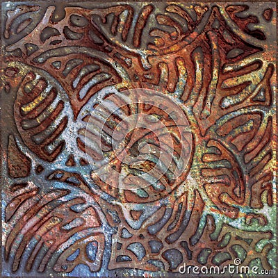 Circle abstract relief ornament, cast iron art. Ethno rings pattern. Architectural rusty metal wall screen. Illustration Stock Photo