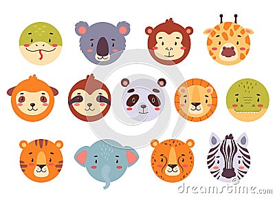 Circle animal faces set for UI or mobile application. Cute kawaii avatars collection for kids game, simple head icons in Vector Illustration