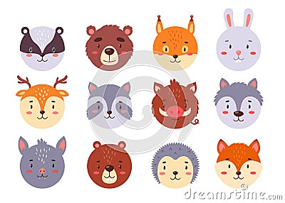 Circle animal faces set for UI or mobile application. Cute kawaii avatars collection for kids game, simple head icons in Vector Illustration