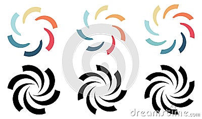 Circle arc cuts arranged in larger round, forming whirlpool swirl or fan blades like symbol, version with six to eight elements Vector Illustration