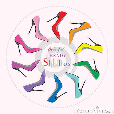 Circle arrangement of colorful stilettos high heels set Vector Illustration