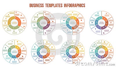 Circle arrows Infographics. Templates for 3, 4, 5, 6, 7, 8, 9, Vector Illustration