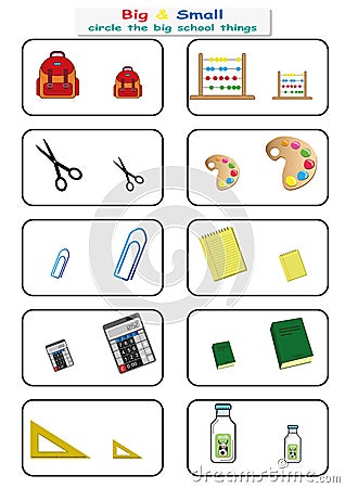 circle the big school things, Find Big or Small worksheet for kids, opposite. worksheet Stock Photo