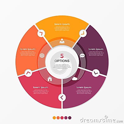 Circle chart infographic template with 5 options. Vector Illustration