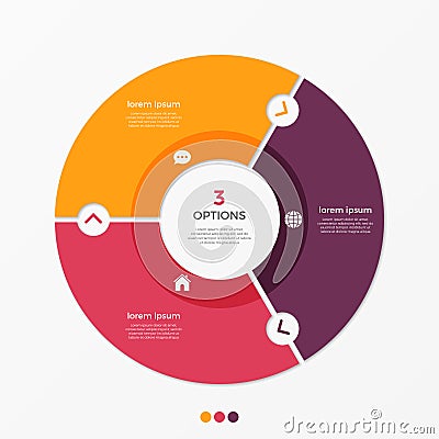 Circle chart infographic template with 3 options. Vector Illustration